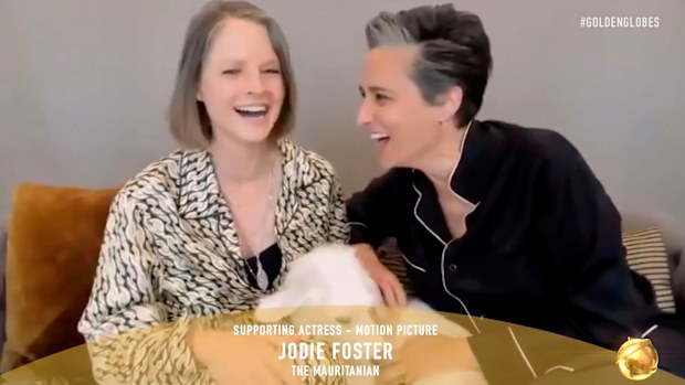 Jodie Foster, winner of Best Actress in a Supporting Role in Any Motion Picture for The Mauritanian, and Alexandra Hedison speak during the 78th Annual Golden Globe Awards broadcast on February 28, 2021. 