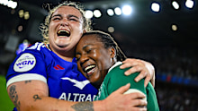 Rose Bernadou of France and Linda Djougang of Ireland after the Women's Six Nations Rugby Championship match.
