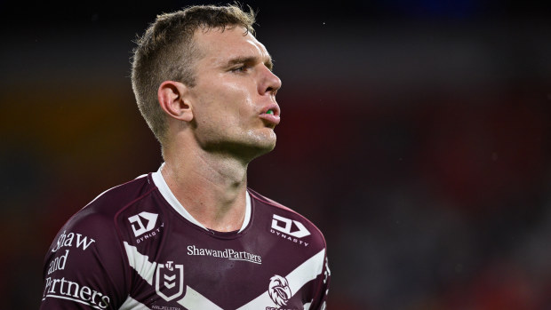 Tom Trbojevic in action for the Sea Eagles against the Dolphins.