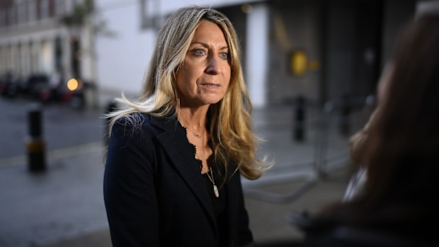Deborah Turness, former head of BBC News, speaks to media outside Broadcasting House on November 10, 2025 in London, United Kingdom.