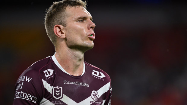 Tom Trbojevic in action for the Sea Eagles against the Dolphins.