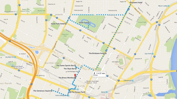 The route for the Pokemon Go pub crawl