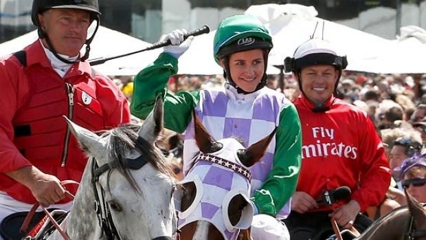 First woman to win the Melbourne Cup: Michelle Payne in 2015 at Flemington.