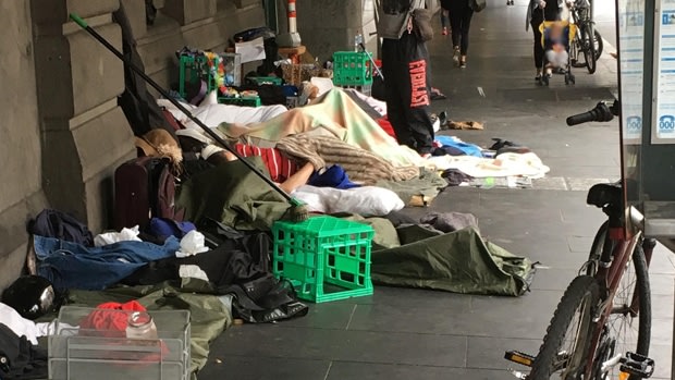 The sleeping rough camp in Flinders Street. 