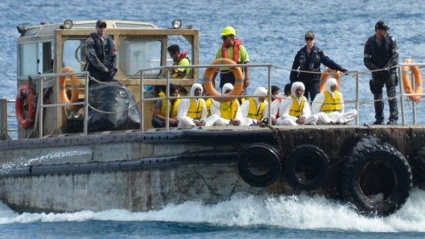 An asylum seeker boat off Christmas Island in 2013, containing mostly Iraqi, Iranian and Pakistani men.