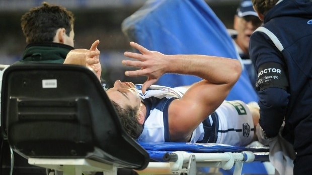 Daniel Menzel suffers another injury in Geelong's qualifying final against Hawthorn in 2011.