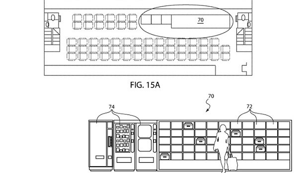 A drawing of the wall storage space and vending machine area of the lower deck.