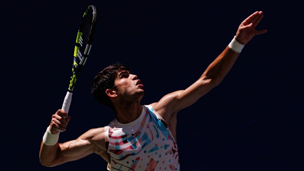  Carlos Alcaraz of Spain serves against Dan Evans of Great Britain in the third round of the US Open at the USTA Billie Jean King National Tennis Center on September 02, 2023 in New York City. (Photo by Frey/TPN/Getty Images)