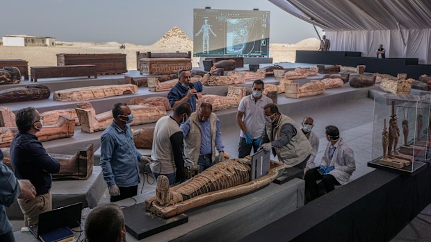 Mostafa Waziri, the secretary-general of the Supreme Council of Antiquities speaks about an ancient sarcophagus more than 2500 years old discovered in a vast necropolis, as archeologists carry out an X-ray visualising the structures of the ancient mummy.