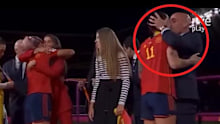 Spain midfielder Jenni Hermoso is kissed by Spanish football federation president Luis Rubiales.