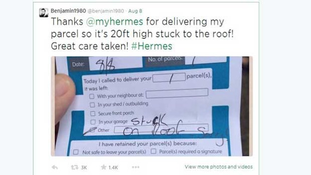 Benjamin Ward posted this picture of the unusual courier's card on Twitter. (Supplied)