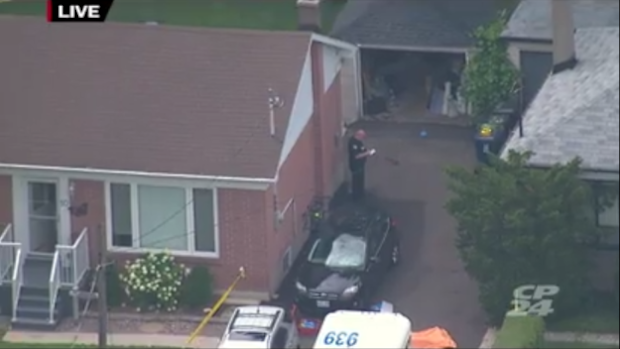 Aerial video of the Toronto garage where two men and a women were found with fatal injuries. (CP24)