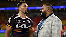 BRISBANE, AUSTRALIA - MARCH 27: Gehamat Shibasaki of the Broncos speaks to Sam Thaiday after their victory during the round four NRL match between Brisbane Broncos and Dolphins at Suncorp Stadium, on March 27, 2026, in Brisbane, Australia. (Photo by Albert Perez/Getty Images)