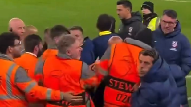 A member of Atletico Madrid's staff appears to spit at a Liverpool fan.