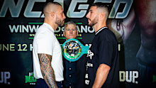 Tyson Pedro (left) faces off with Kris Terzievski at the Uncaged press conference.