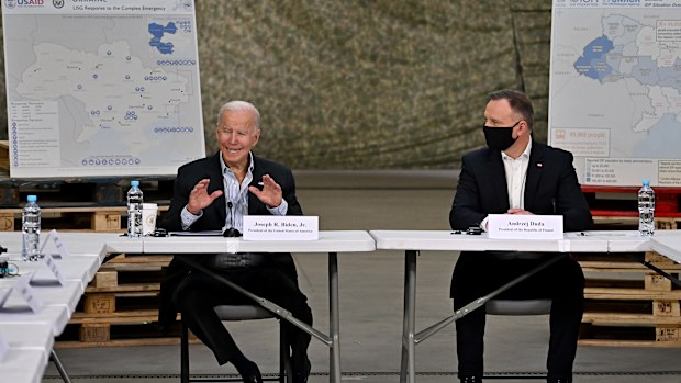 RZESZOW, POLAND - MARCH 25: US President Joe Biden (L) meets with the President of Poland, Andrzej Duda on March 25, 2022 in Rzeszow, Poland. U.S. President Joe Biden meets with NATO allies as they coordinate reaction to Russia's war in Ukraine, which has entered its second month. (Photo by Jeff J Mitchell/Getty Images)
