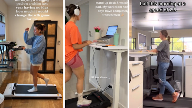 Screenshots from TikTok videos of women walking on desk treadmills