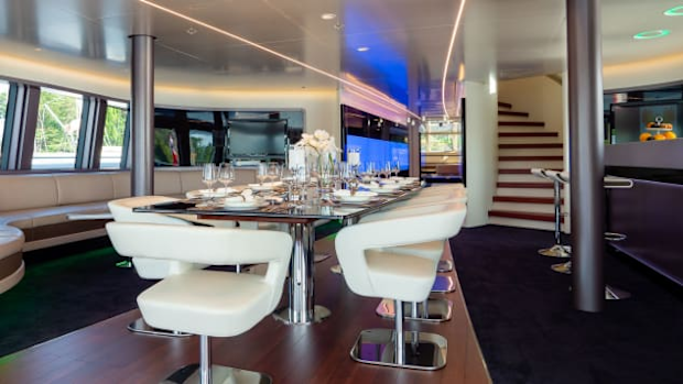 The futuristic vessel has one master cabin and four guest cabins, which can accommodate up to 10 guests.Courtesy of Camper & Nicholsons International