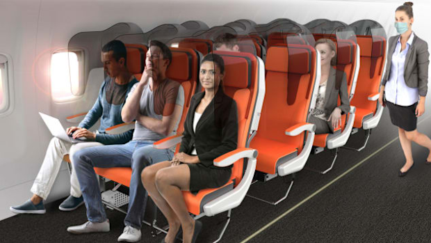 Aviointeriors "Glassafe" concept is a protective shield that can be fitted on to existing seats "to reduce the probability of contamination."