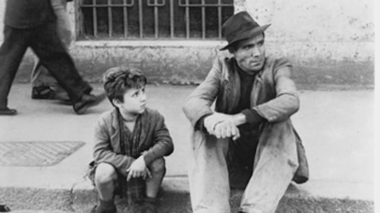Enzo Staiola and Lamberto Maggiorani in Bicycle Thieves.