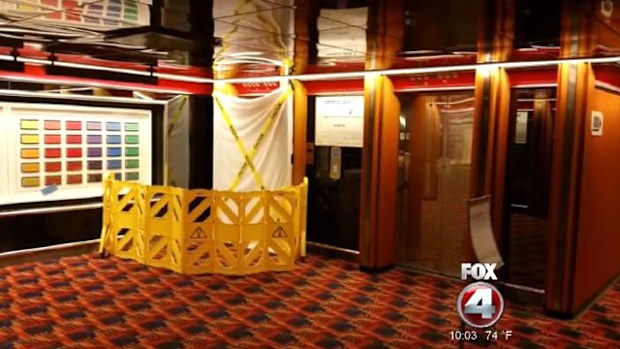 Cruise ship crew hid the elevator with a white sheet and blocked access to the shaft where Mr Opazo died. Source: Fox 4