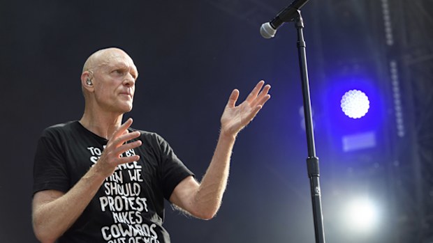 Australian musician Peter Garrett, lead singer of the band Midnight Oil, performs on stage during the 42nd Paleo Festival, in Nyon, Switzerland, July 19 2017.  (AAP)