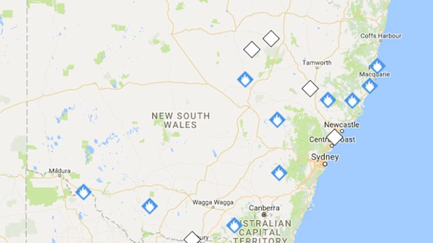 Fire alert map for NSW on Monday morning
