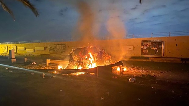 Donald Trump ordered an airstrike that killed Iran's most powerful general in the early hours of Friday. This photo shows the aftermath of the drone attack on a vehicle carrying General Qassem Soleimani near an airport in Baghdad.