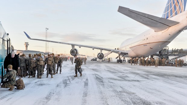 US Marines disembark after landing on January 16, 2017 in Stordal, Norway. Source: AFP