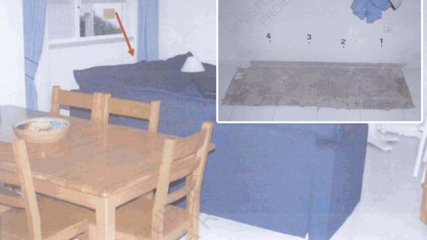 Police photographs show where floor tiles were lifted behind a blue sofa in the McCann holiday apartment and DNA samples were swabbed.