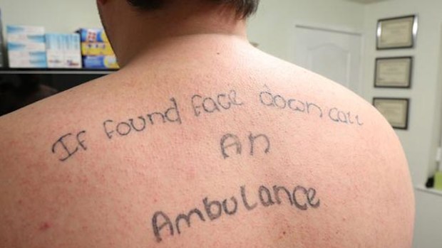 The DIY tattoo emblazoned on the back of Josh Darnbrough, courtesy of best mate Rob Gaskell. (Supplied)