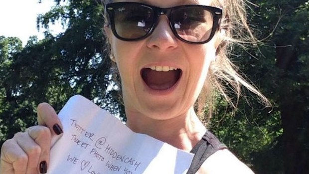Sam Wilson celebrates finding money in London. Picture: Twitter user @Heels_and_Ink