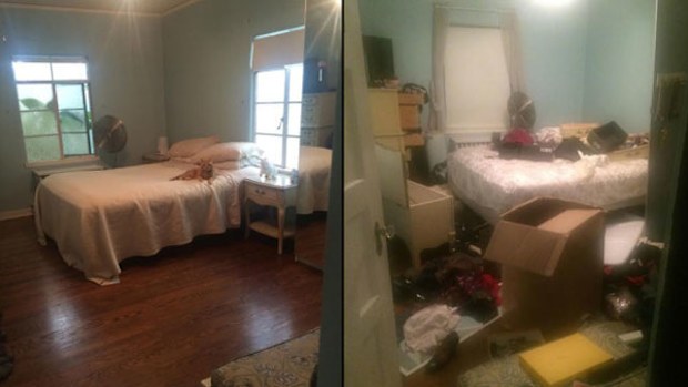 The couple's bedroom before and after the incident. (Supplied)