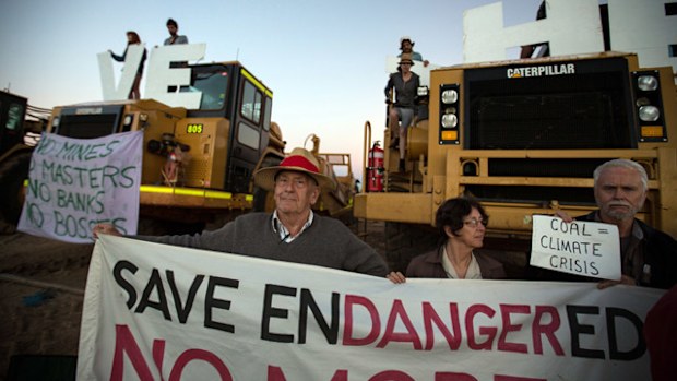 Protesters occupying the Whitehaven's open cut Maules Creek coal mine (AAP). 
