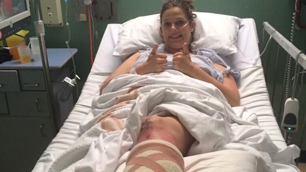 Kate Ellis in hospital in Adelaide after a dog-induced injury. (Twitter)