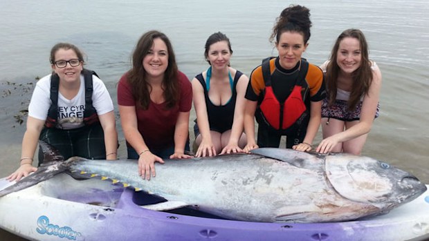 Friends Sarah Little, 22, Laura Pickervance, 23, Hannah Ford, 24, Shauna Creamer, 23 and Charlotte Chambers, 24, initially thought it was a shark. (Supplied)