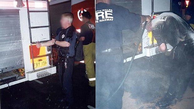 A NSW firefighter was tied to a truck and soaked with hoses by his colleagues (left) before he was covered in caustic over cleaner (right) (Supplied).