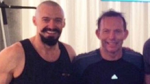 Hugh Jackman in the gym with Prime Minister Tony Abbott. (Instagram)