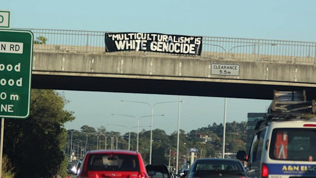 The offending banner above the M1 in Logan (Facebook).