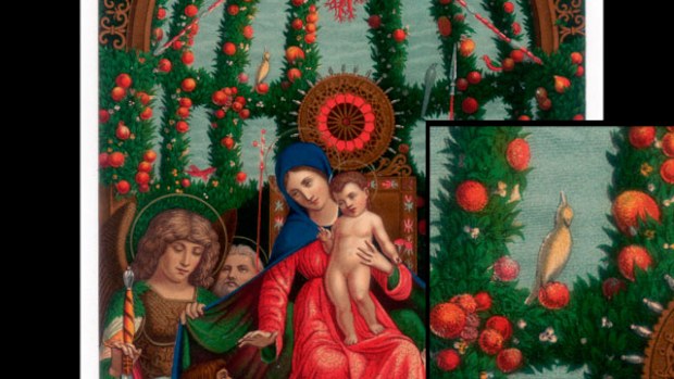 Andrea Mantegna's 1496 painting 'Madonna della Vittoria' and (insert) the apparent cockatoo (Getty).