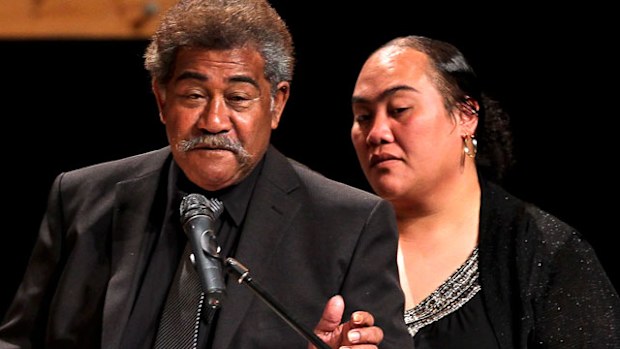 Tau Taufa and daughter Treicee Taufa deliver a eulogy at the memorial service of five members of their family. (AAP)