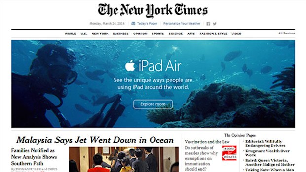 The awkward ad placement on The New York Times website today. (Supplied)