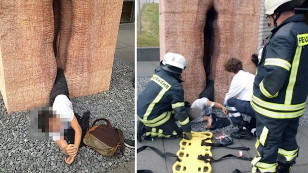 Rescue crews were called in after the male student became lodged inside the statue. (Supplied)