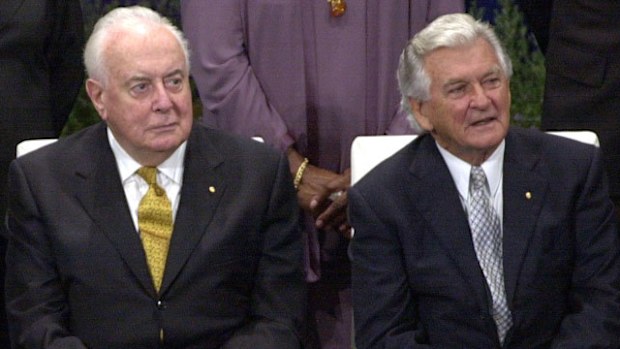 Gough Whitlam and Bob Hawke in 2001. (AAP)