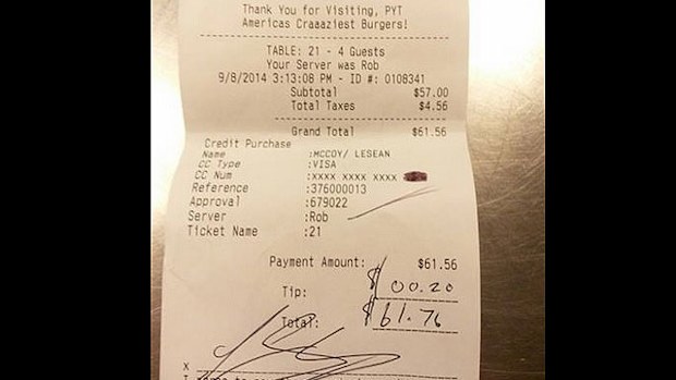 McCoy's bill with 20 cent tip.