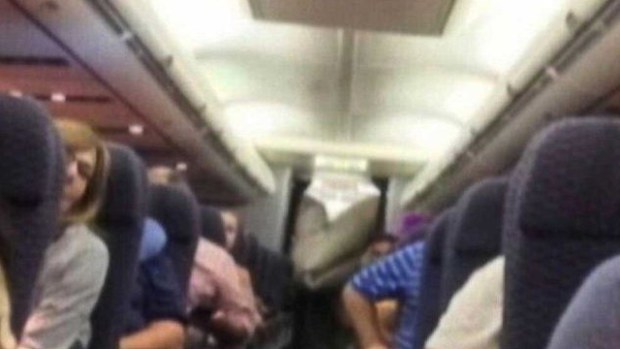 An emergency chute deployed accidentally mid-air on a United Airlines flight from Chicago to Los Angeles, forcing the plane to make an emergency landing. Picture: Michael Schroeder via Twitter