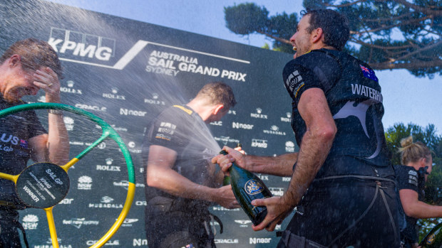 Aussies spraying champagne after winning the Sydney edition of SailGP.
