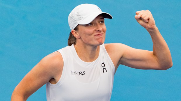 Iga Swiatek of Team Poland celebrates victory in her semi-final match against Caroline Garcia of Team France at the United Cup.