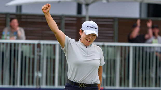 Jiyai Shin celebrates a birdie putt on the eighteenth green on day three of the Australian Open 2024 at Kingston Heath Golf Club.