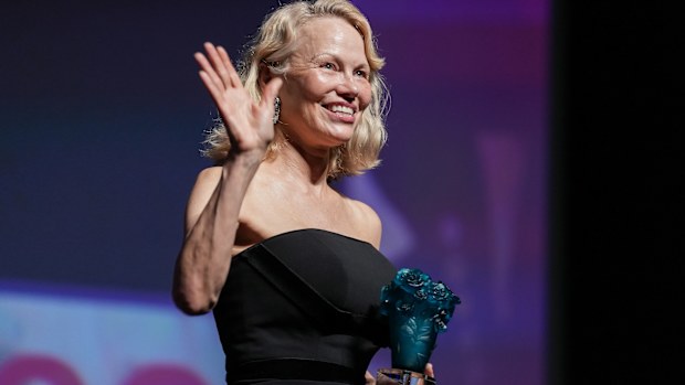 DEAUVILLE, FRANCE - SEPTEMBER 05: Pamela Anderson receives the Deauville Talent Award during the Opening Ceremony And Deauville Talent Award To Pamela Anderson during the 51st Deauville American Film Festival on September 05, 2025 in Deauville, France. (Photo by Francois Durand/Getty Images)